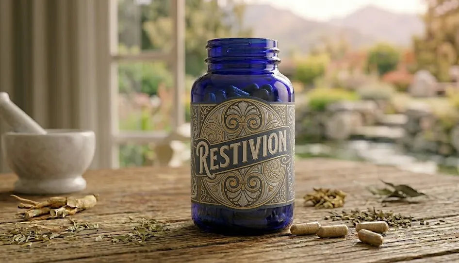 Restivion product packaging on neutral background